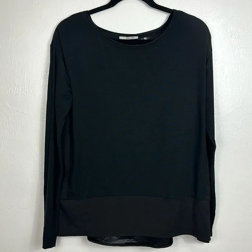 T Tahari Mixed Media Long Sleeve Round Neck Blouse Top Size S